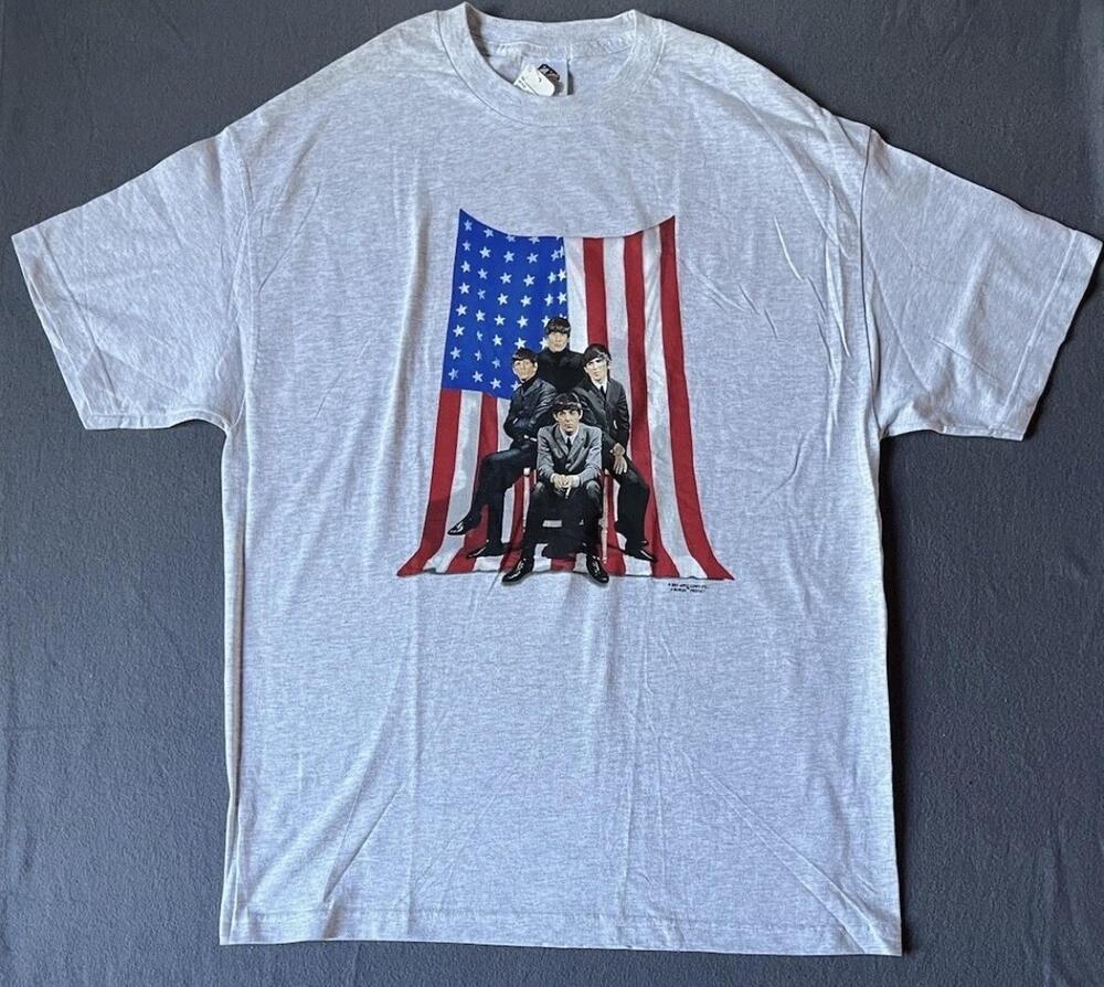 Vintage The Beatles Shirt Mens XL Gray American Flag Band Graphic Tee 2001 Y2K